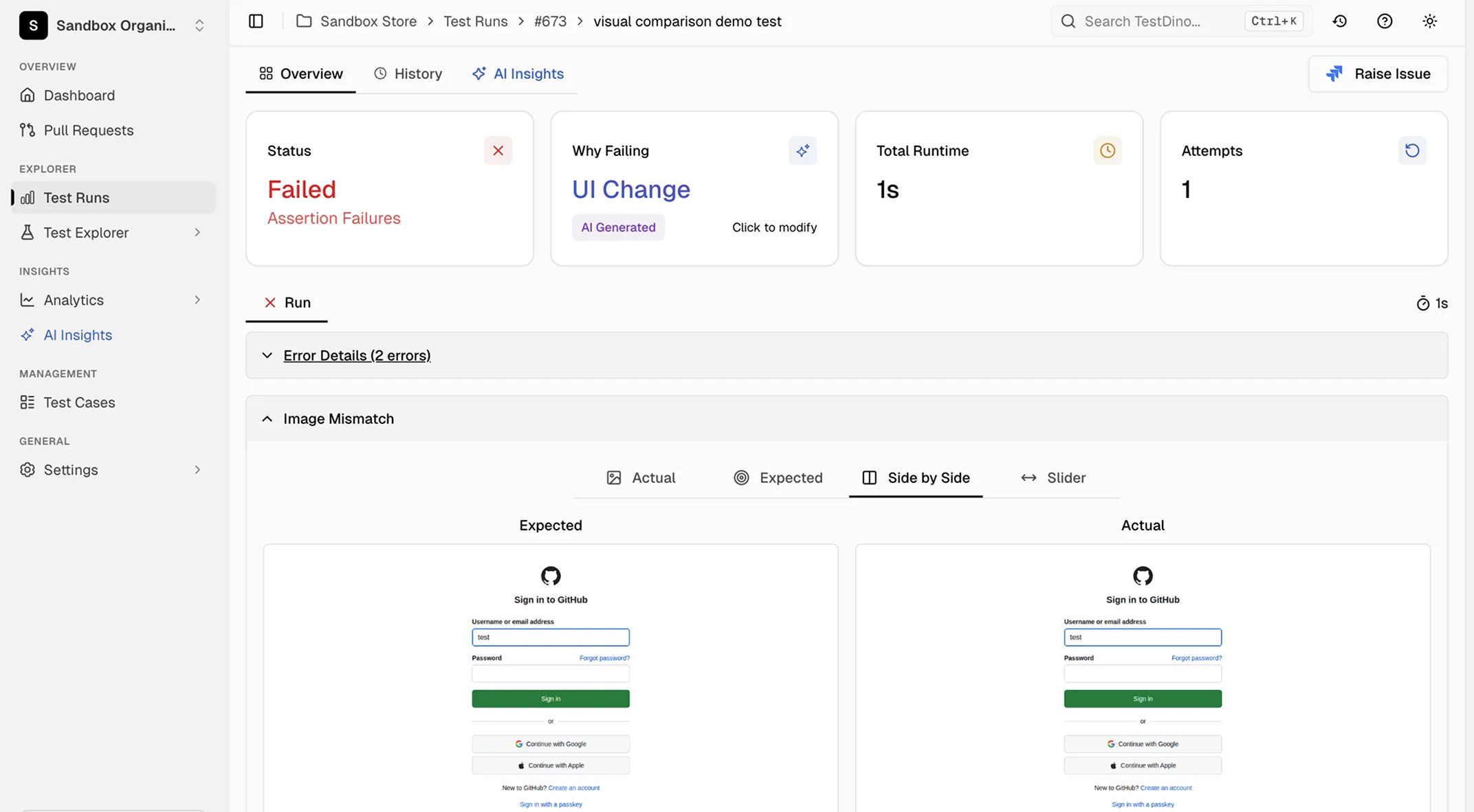 Visual comparison modes for screenshot assertions